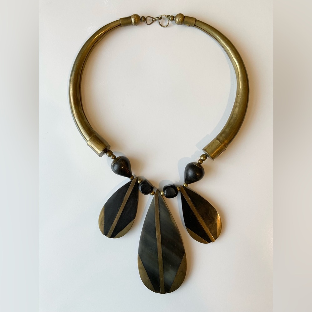 Unique artisan necklace with brass horns inlaid enameled stone pendants- Vintage